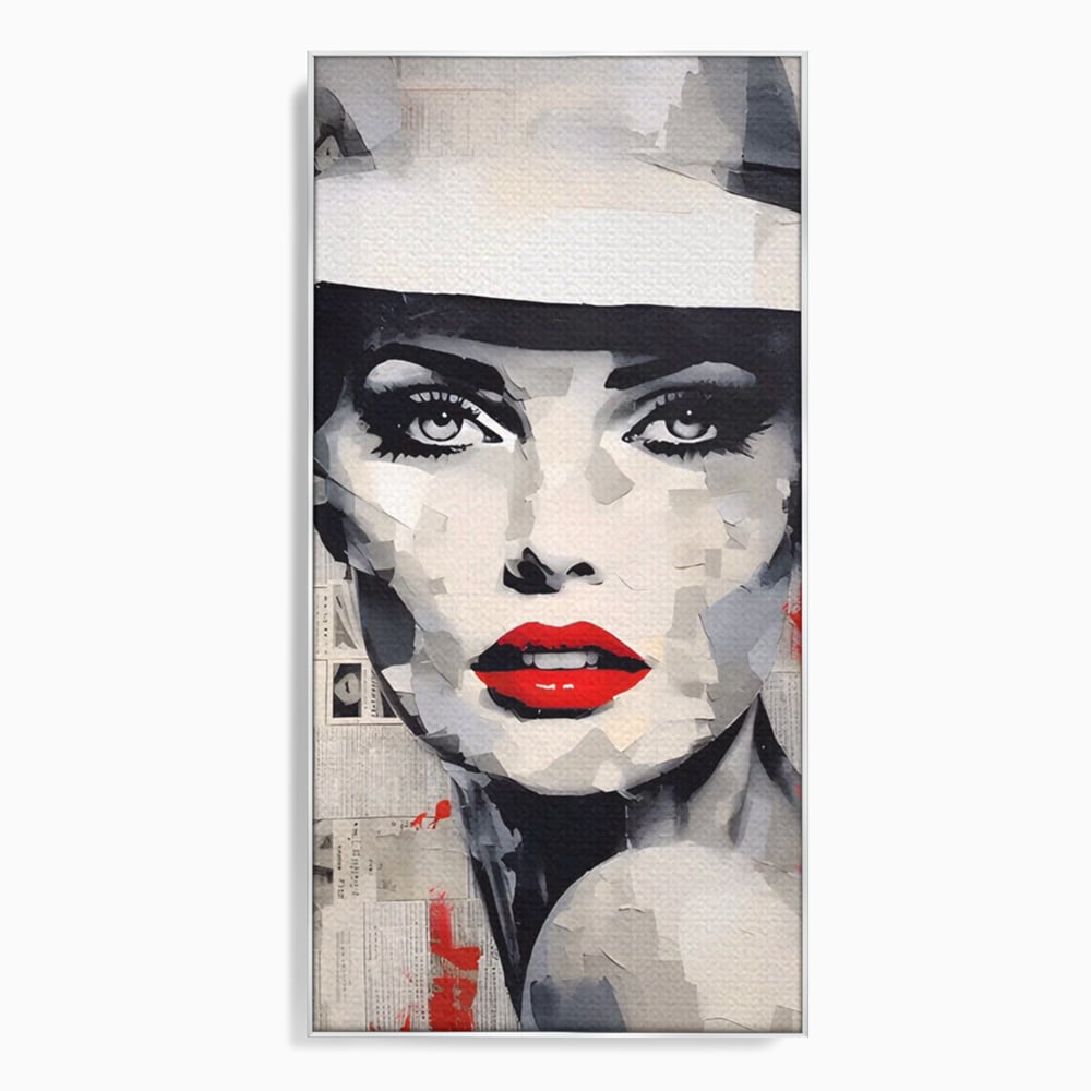Tablou canvas cu tablou portret femeie cu buze rosii, in rama de aluminiu argintiu